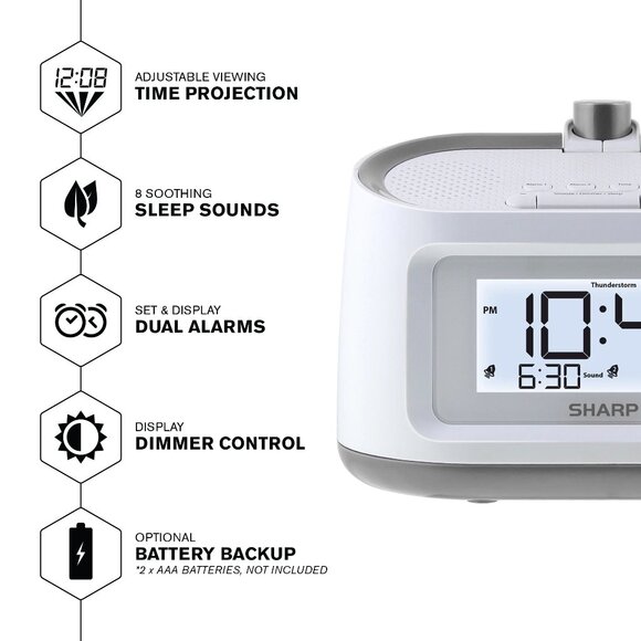 SHARP White Projection Dual Alarm Clock with Sleep Sounds & Display. - Picture 10 of 11